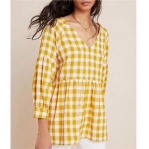 Anthropologie Maeve Mustard Gingham Popover Blouse, size XS